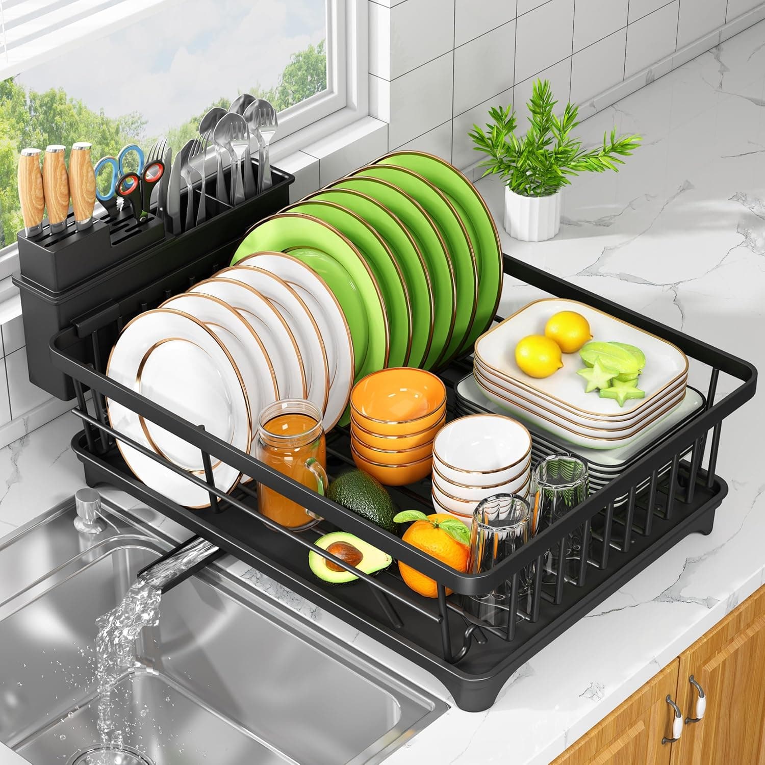 Dish Drying Rack - Small Dish Rack for Kitchen Counter, Rust-Resistant Kitchen Drying Rack, Space-Saving Dish Drainer Organizer with Utensil Holder, Black