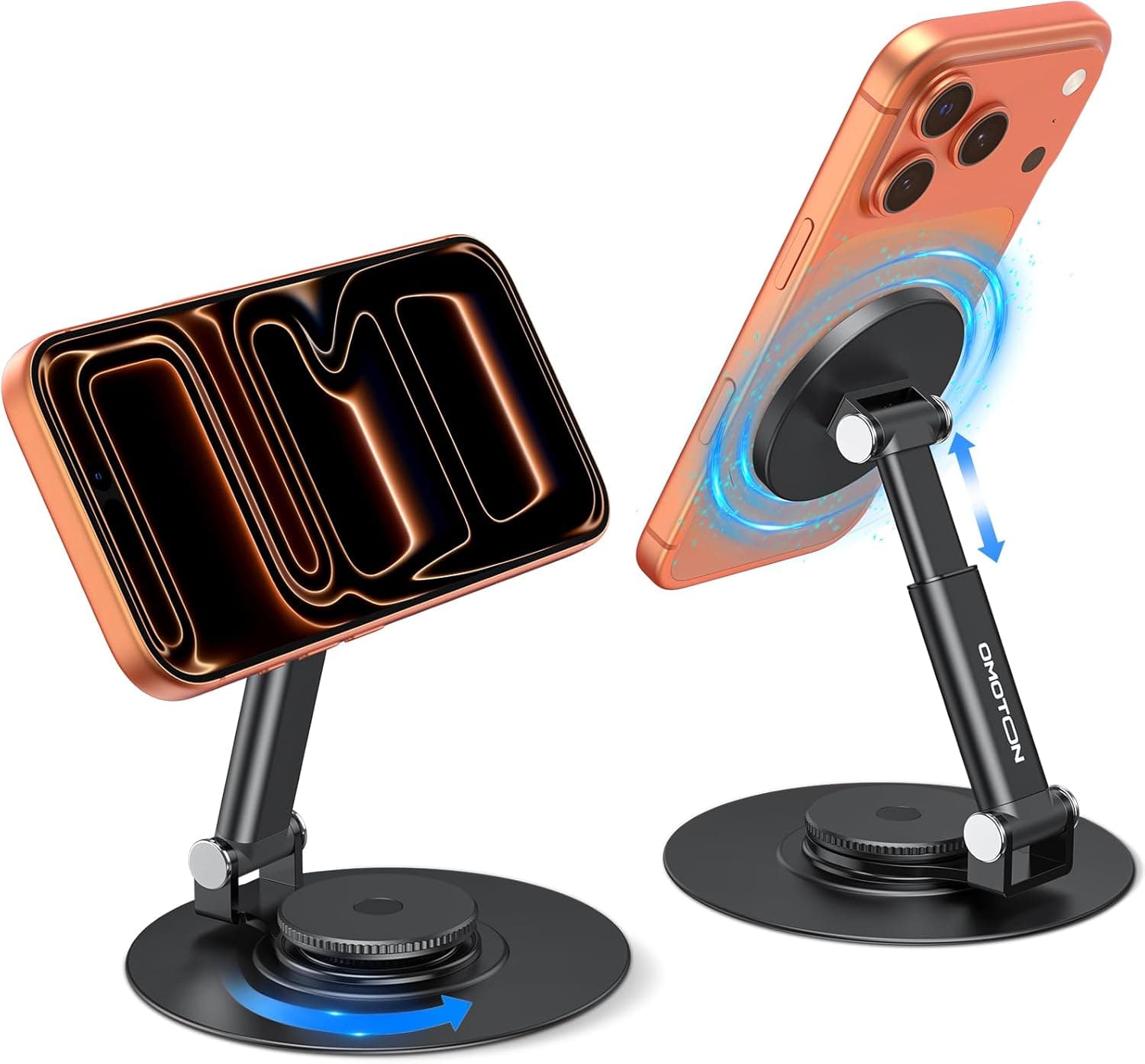 OMOTON 360° Rotating MS05 Magnetic Phone Stand for MagSafe, [Height Adjustable] Cell Phone Stand for Desk with Non-Slip Base, Office Desk Accessories for iPhone 17/16/15/14 Pro Max Air, Black