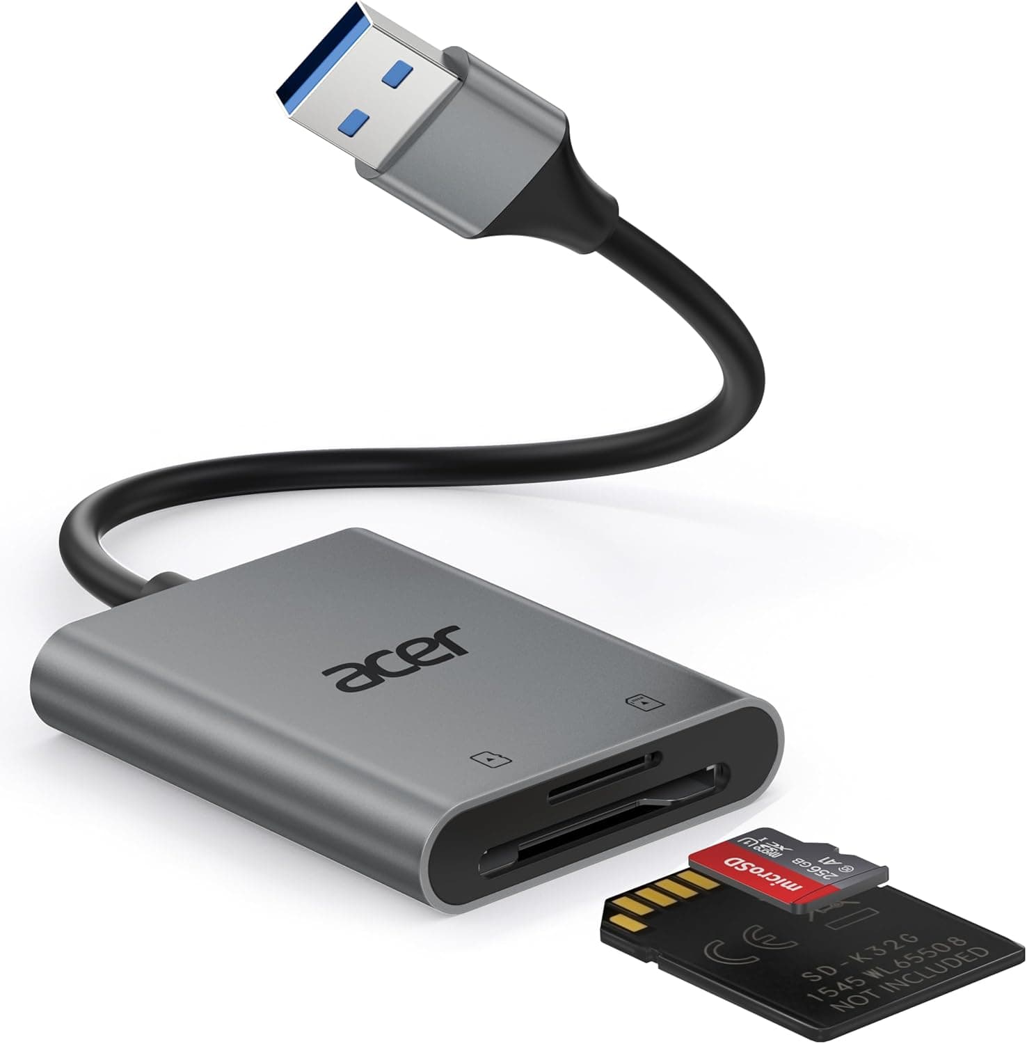 Acer SD Card Reader, USB A 3.0 to Micro Memory Card Reader, Aluminum Dual Slot SD to USB Adapter for Computer, PC, Laptop and Type A Devices, Compatible with SD/Micro SDXC/SDXC/SDHC/MMC/TF Cards