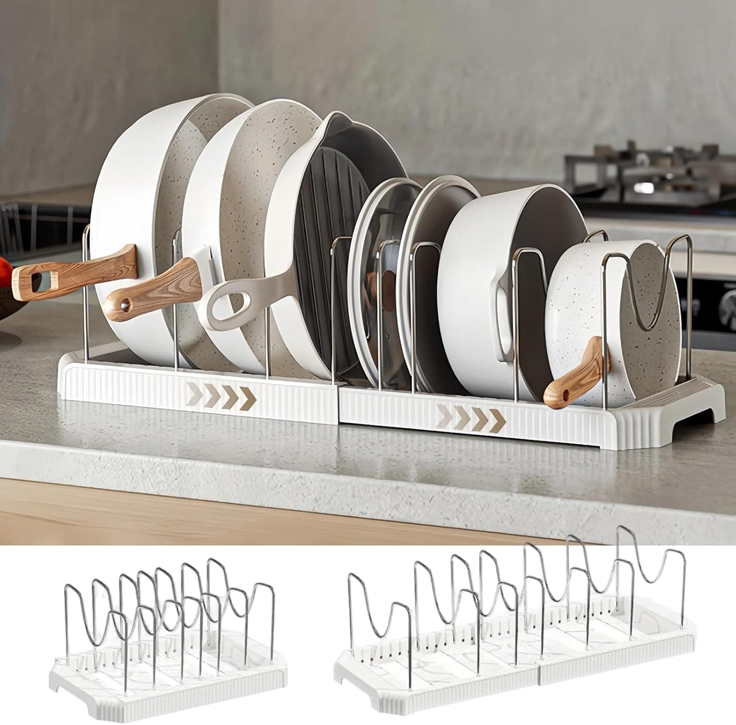 Expandable Pot and Pan Organizer Rack for Kitchen Cabinet or Under Sink, Adjustable Lid Holder with 7 Dividers, Space-Saving Storage for Renters, Small Homes, and Busy Cooks, White