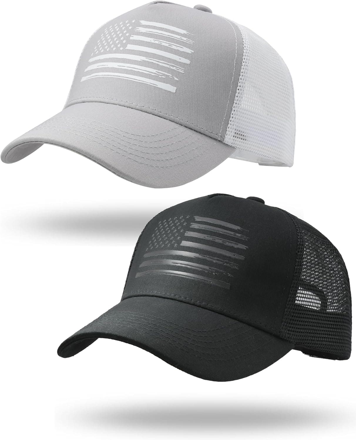 2 Packs American Flag Trucker Hat, Adjustable Mesh Snapback USA Flag Baseball Caps for Men Women