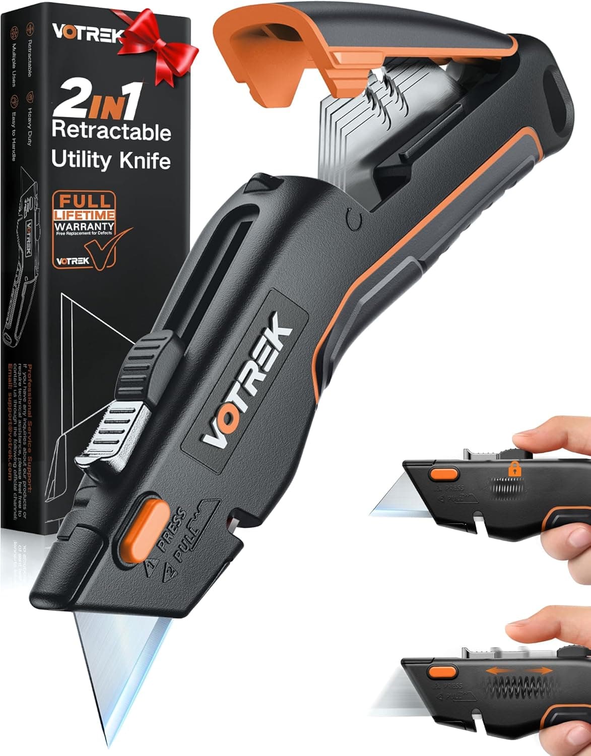 Box Cutter Utility Knife, [2-in-1] Retractable Box Cutter, Safety Heavy Duty Sharp Razor Knife for Home & Warehouse Cardboard, Carpet, Blade Storage, with Extra Razor & Hook Blades (Orange)