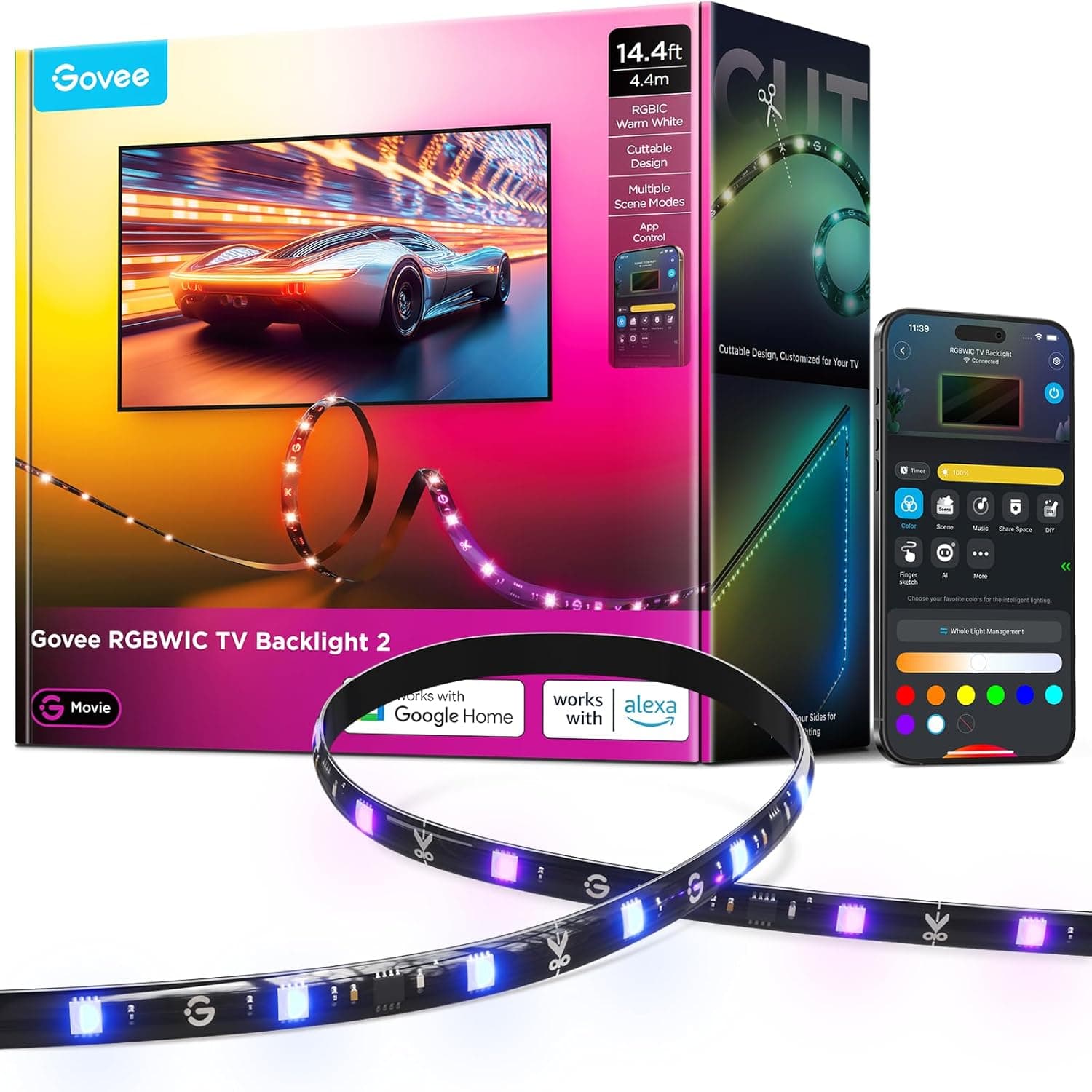 Govee TV LED Backlight 2, 14.4ft Cuttable TV Lights for 32-70 Inch TVs, Color Changing RGBWIC LED Strips Lights with 210+ Scene Modes & Music Sync, Smart APP and Voice Control, Easy Install