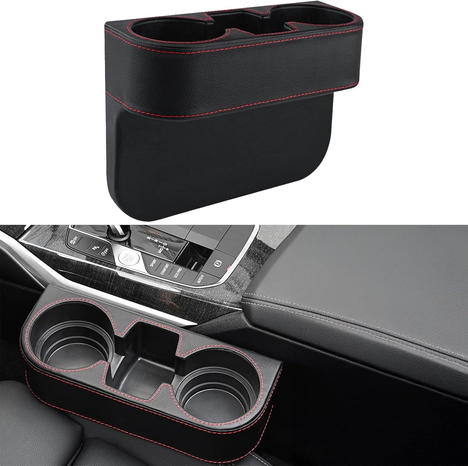 Car Cup Holder Expander & Seat Gap Filler - PU Leather Cover with Stitching, Multifunctional Front Seat Organizer, for Car Truck Van, Holds Large Cups and Phones,Prevent Dropping Items (1Pack, Black)