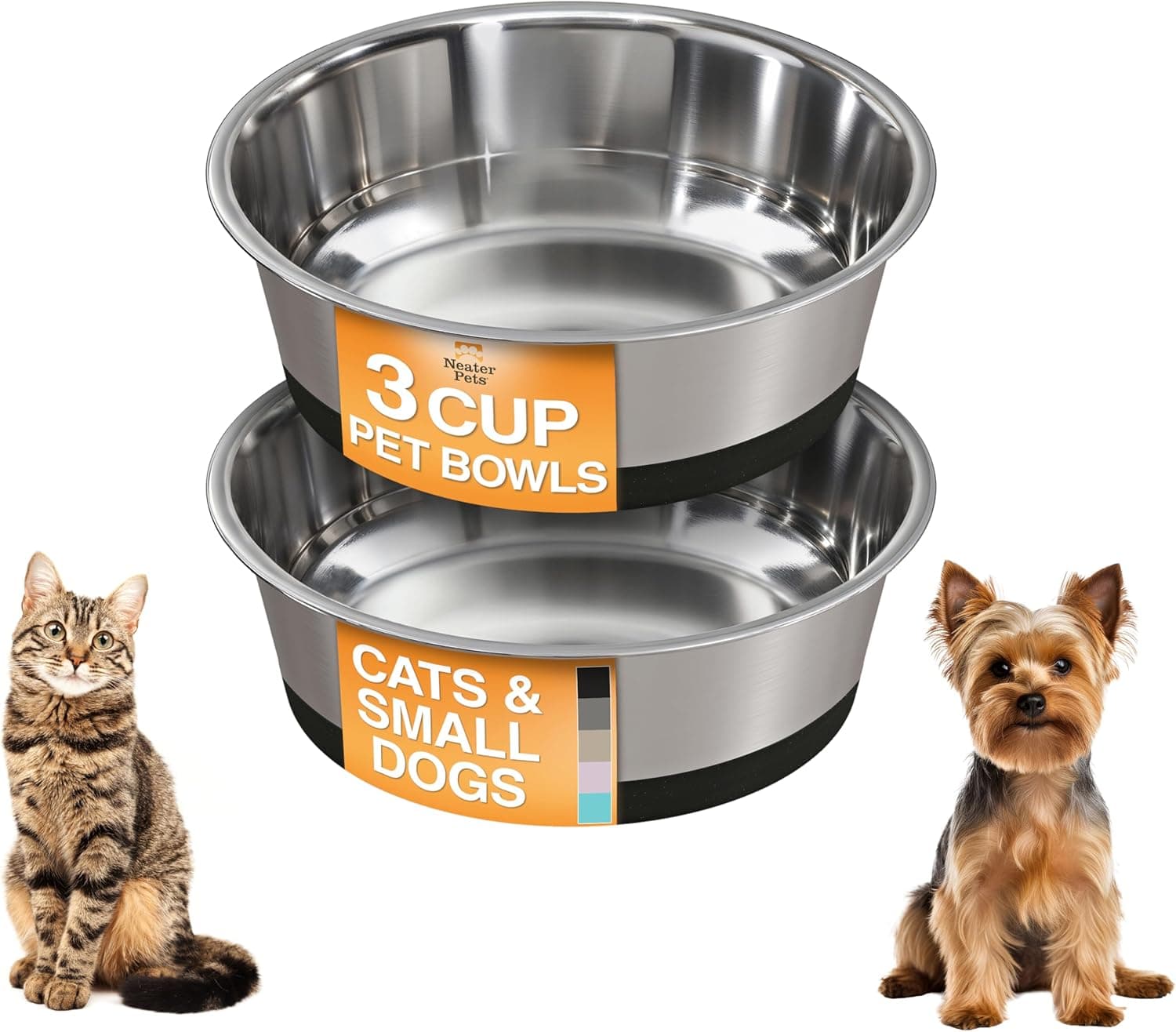Neater Pet Brands Stainless Steel Dog Bowls with Non-Slip Rubber Bottom – 3 Cup (24 oz), Black - Set of 2 Heavy Duty Metal Dog Bowls, Dishwasher Safe, Food or Water Bowl, Ideal for Small & Medium Dogs