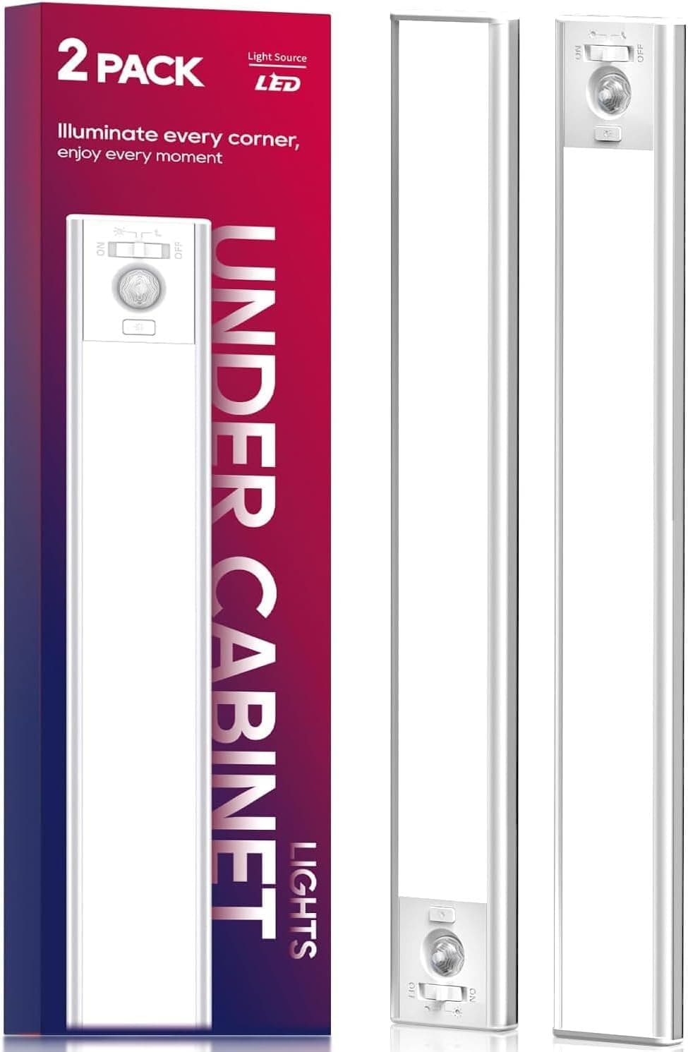 13inch Under Cabinet Lighting, 3200mAh Rechargeable Motion Sensor Light Indoor, LED Battery Operated Cabinet Lights, Dimmable Closet Light, Wireless Under Counter Lights for Kitchen (2pack)