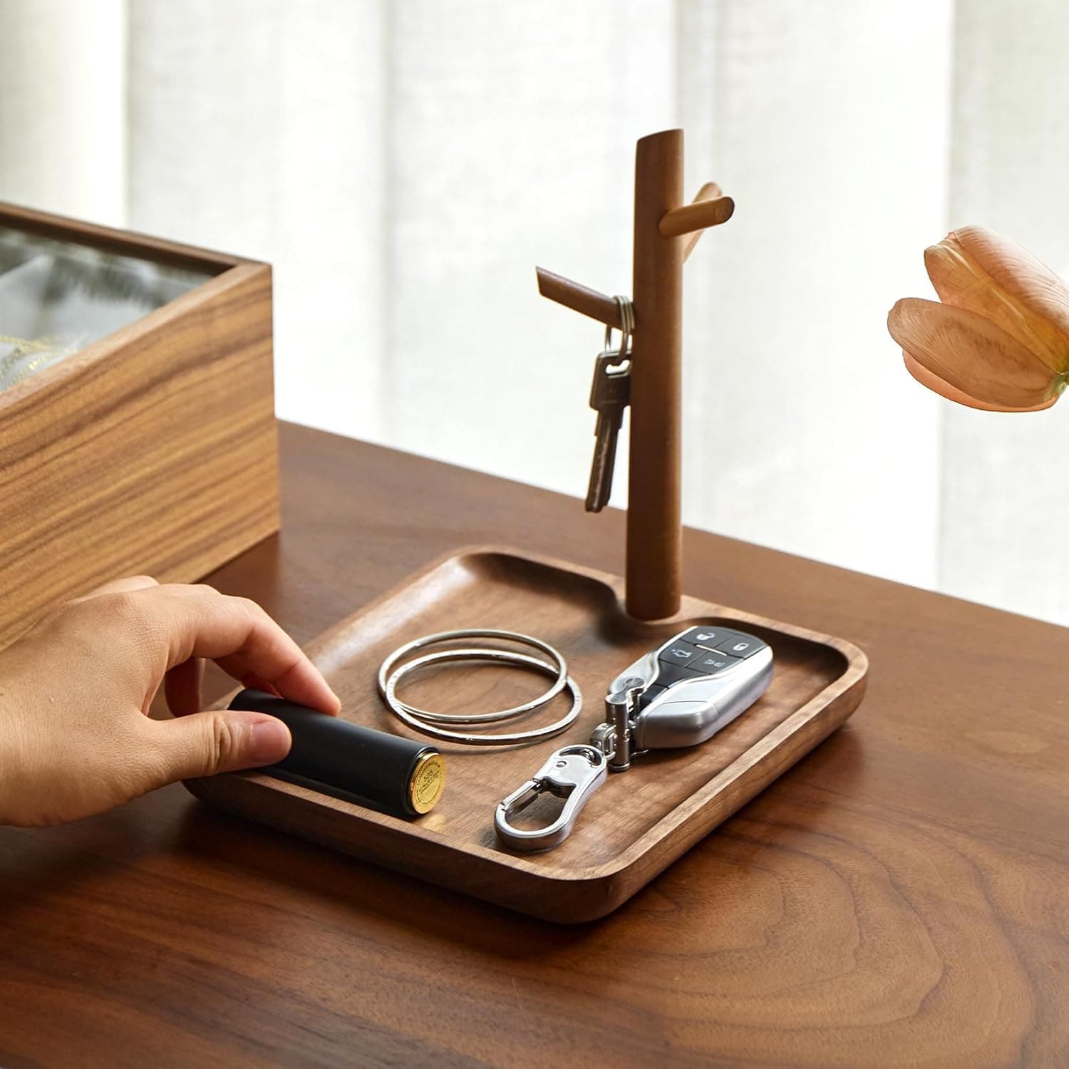 Black Walnut Solid Wood Key Dish Bowl for Entryway Table Square Tray With 3 Hooks, Open Storage for Keys, Wallet, Jewelry (Walnut, Square)