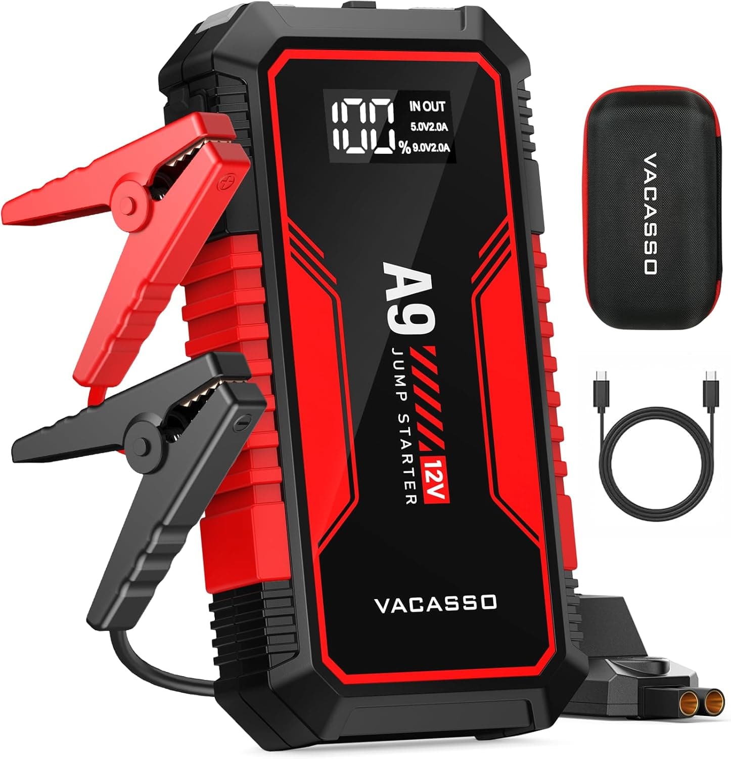 Jump Starter 4000A, VACASSO A9 Battery Jumper Starter Portable (7L Gas/4L Diesel), 12V Car Battery Booster Jump Starters Pack, Jumpstart with USB Ports, Jumper Cables, LED Light, Storage Case