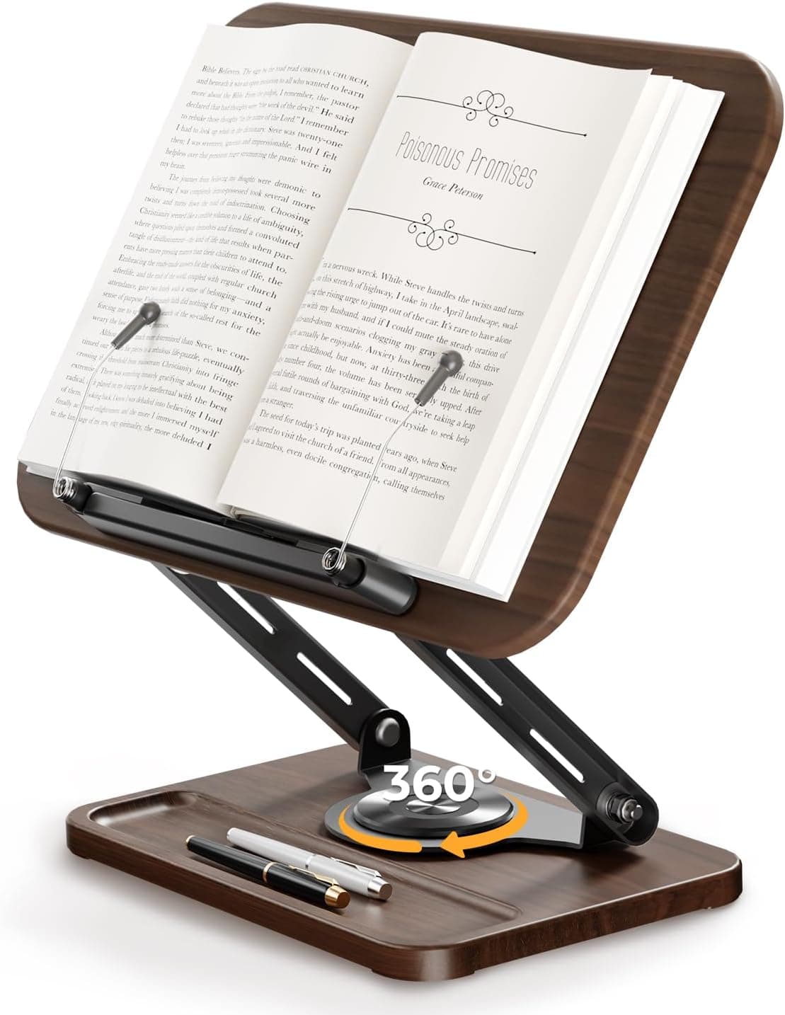Adjustable Book Stand & Book Holder with 360° Rotation, Height Adjustable Reading Stand with Extendable Page Clips and Mini Storage — Premium Wooden Cookbook Holder for Thick Books, Study & Office