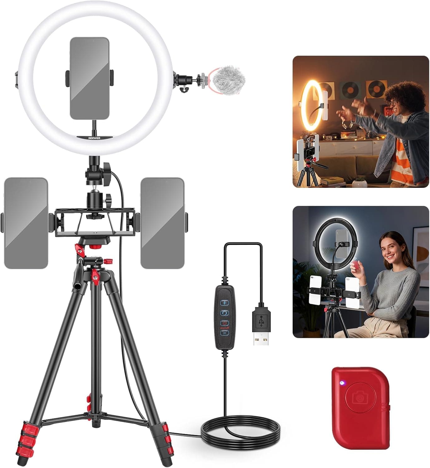 NEEWER Basics 10" Selfie Ring Light with Tripod Stand/3 Phone Holders Compatible with iPhone/3 Cold Shoes/Remote, LED Ringlight Lighting for YouTube TikTok Vlog Video Recording Makeup Streaming, R11