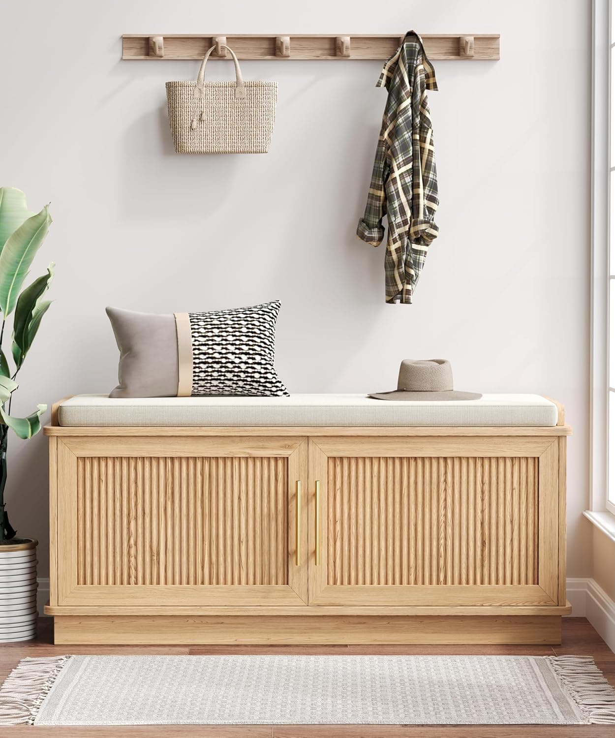 Fluted Shoe Storage Bench with Cushion, 39.4" Entryway Bench with Adjustable Shelves and 2 Doors, Shoe Cabinet Bench with Curved Profile, for Hallway, Living Room, Bedroom, Natural Oak