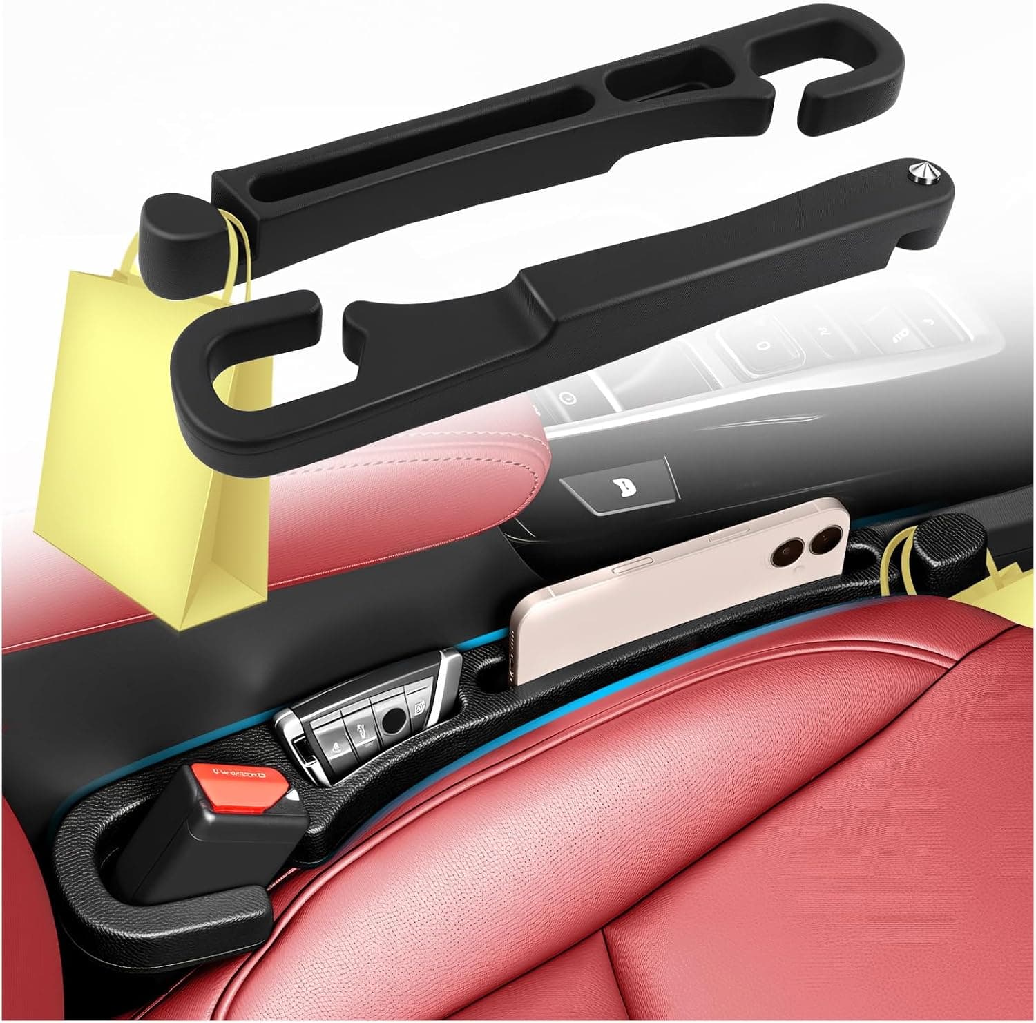 2PCS New Car Seat Gap Filler Organizer with Car Glass Breaker,3 in 1 in Between Cars Seat Catcher with Hook & Storage Slot,Universal Cars Side Seats Gap Fillers with Seats Belt Holes