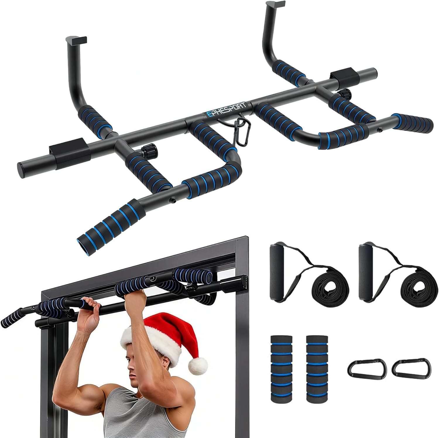 EPHESPORT New Version Pull Up Bar with Resistance Bands, No Screwing Pullup Bar for Doorway, Ergonomic Grip, USA Original Patent Design, 440 Lbs Capacity, Chin Ups Strength Training Equipment