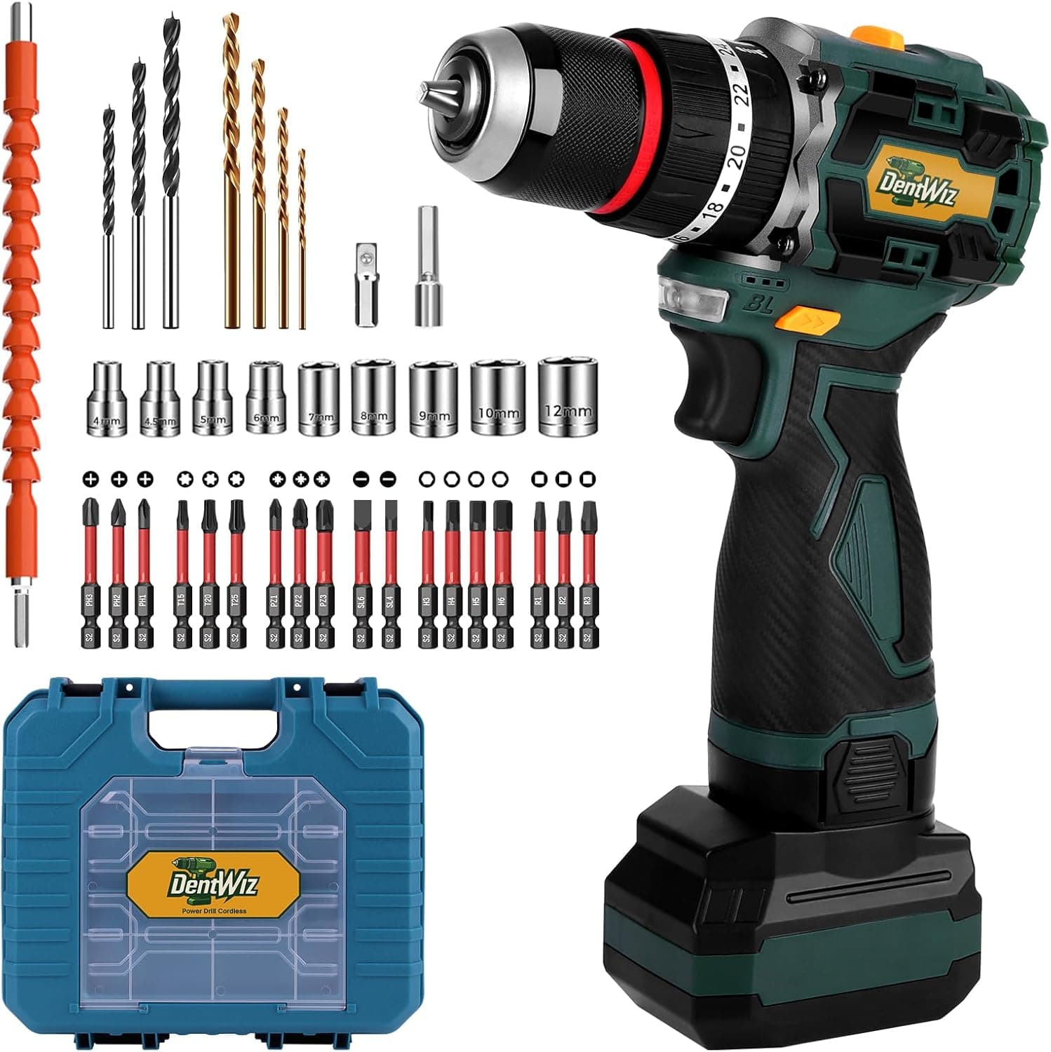 Cordless Drill Kit BLDC Motor Power Drill with 24 Torque Settings and 2-Speed, 450-2000 RPM, 3000mAh Battery, Electric Power Drill with Drill Bits and Accessories for Home DIY and Woodworking