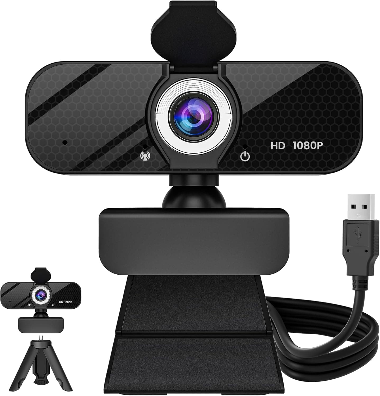 1080P HD Webcam with Built-in Microphone, Rotatable Tripod, Wide-Angle Lens,Privacy Cover, Auto Light Correction, Plug & Play USB-A Webcam for Laptop, Desktop, PC, Streaming-Black