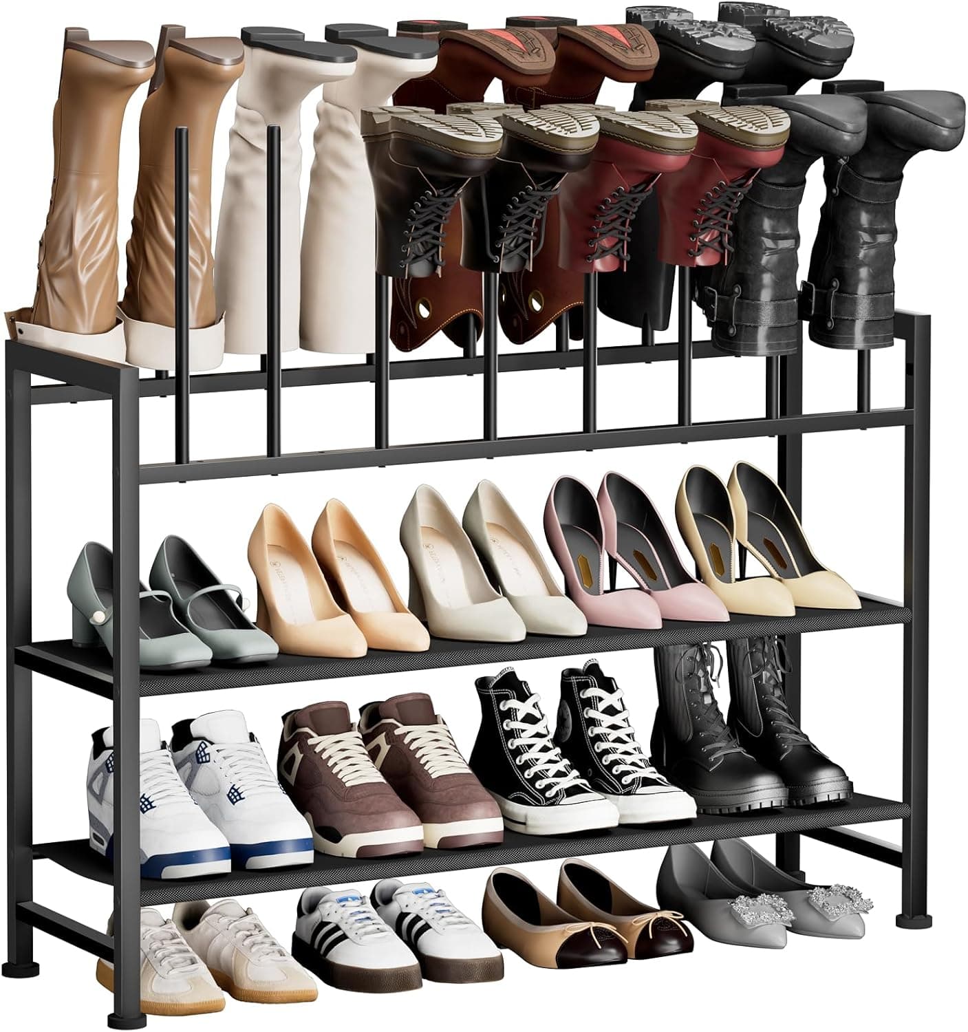 DIMJ Boot Rack 4-Tier - Black Metal Boot Storage Rack for Tall Boots Organizer Tall Boots, Multiuse Shoe Rack for Boots, Sneakers, High-Heel, Entryway, Fit for 8 Pairs, Black