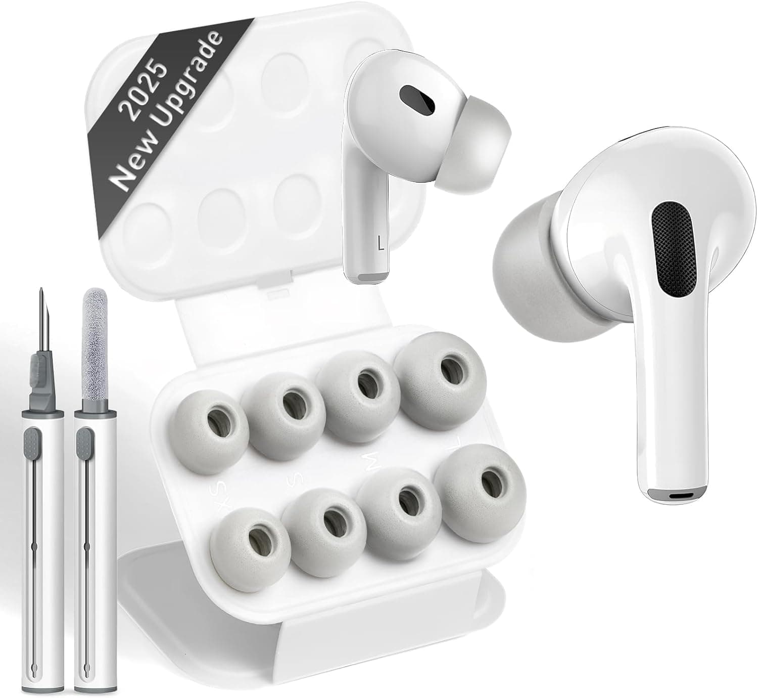 Memory Foam Ear Tips for AirPods Pro 1st & 2nd Gen, No Silicone Eartips Pain, Better Noise Cancellation, Replacement Buds with 3 in 1 Cleaner Kit and Fit in Charging Case-(White, XS/S/M/L)