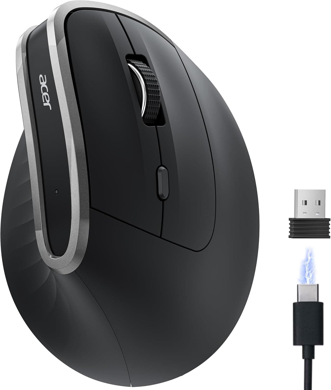 acer Ergonomic Mouse Wireless, Vertical Computer Mouse for Office, Ergo Mice Rechargeable for Right Hand, 2.4GHz USB Receiver, 800/1200/1600 DPI, 6 Buttons for Laptop, PC and Desktop