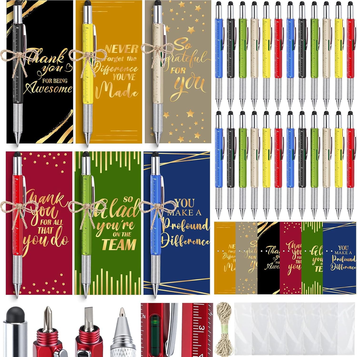 Pajean 24 Sets Employee Appreciation Gifts Bulk 6 in 1 Multitool Tech Pen and Inspirational Cards Multifunction Screen Ballpoint Pens for Team Coworker Teacher Nurse Family Thank You Gifts