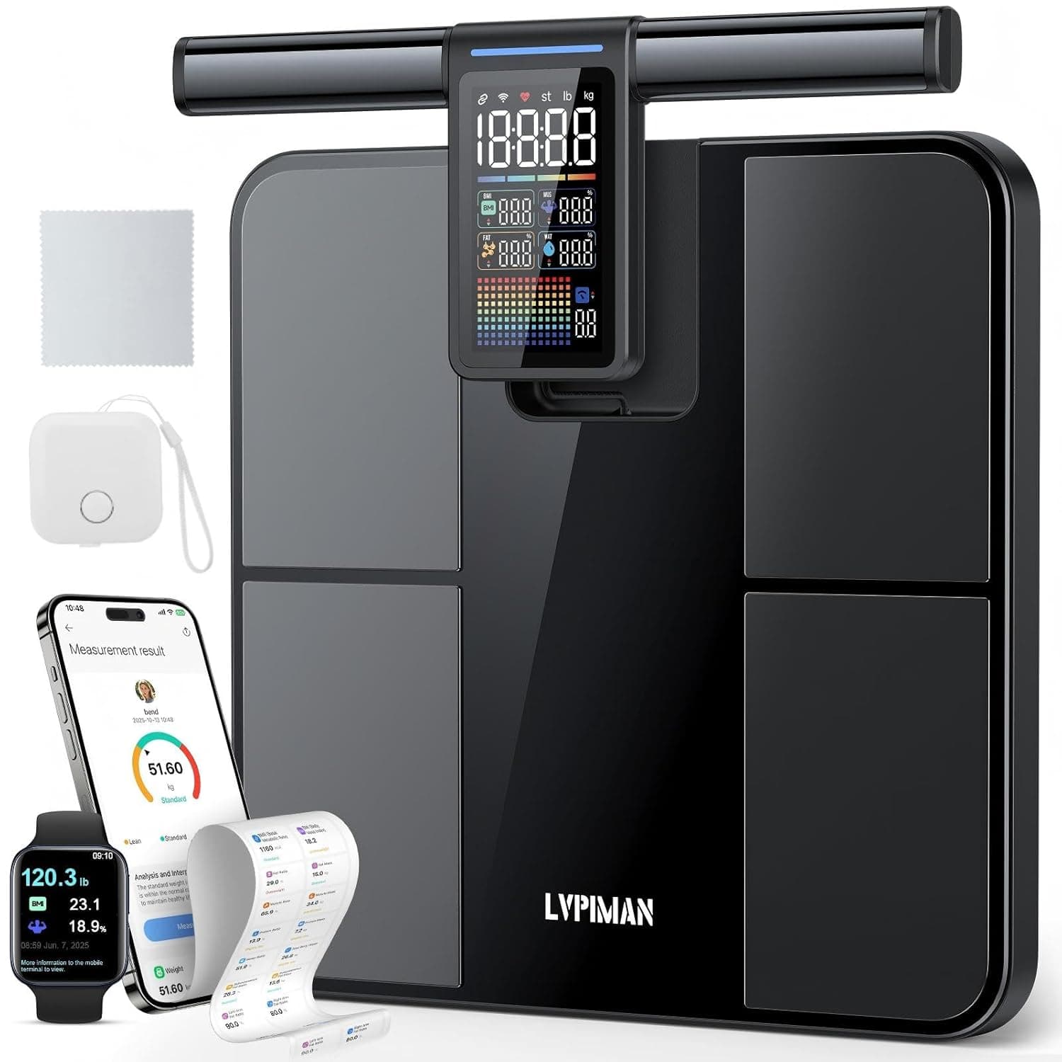 Smart Scale for Body Weight and Fat,BMI,Muscle Mass 57 Body Composition Measurement,8 Electrodes Digital Bathroom Scale,with 5.25-inch VA Color Screen on Retractable Handle,485lbs