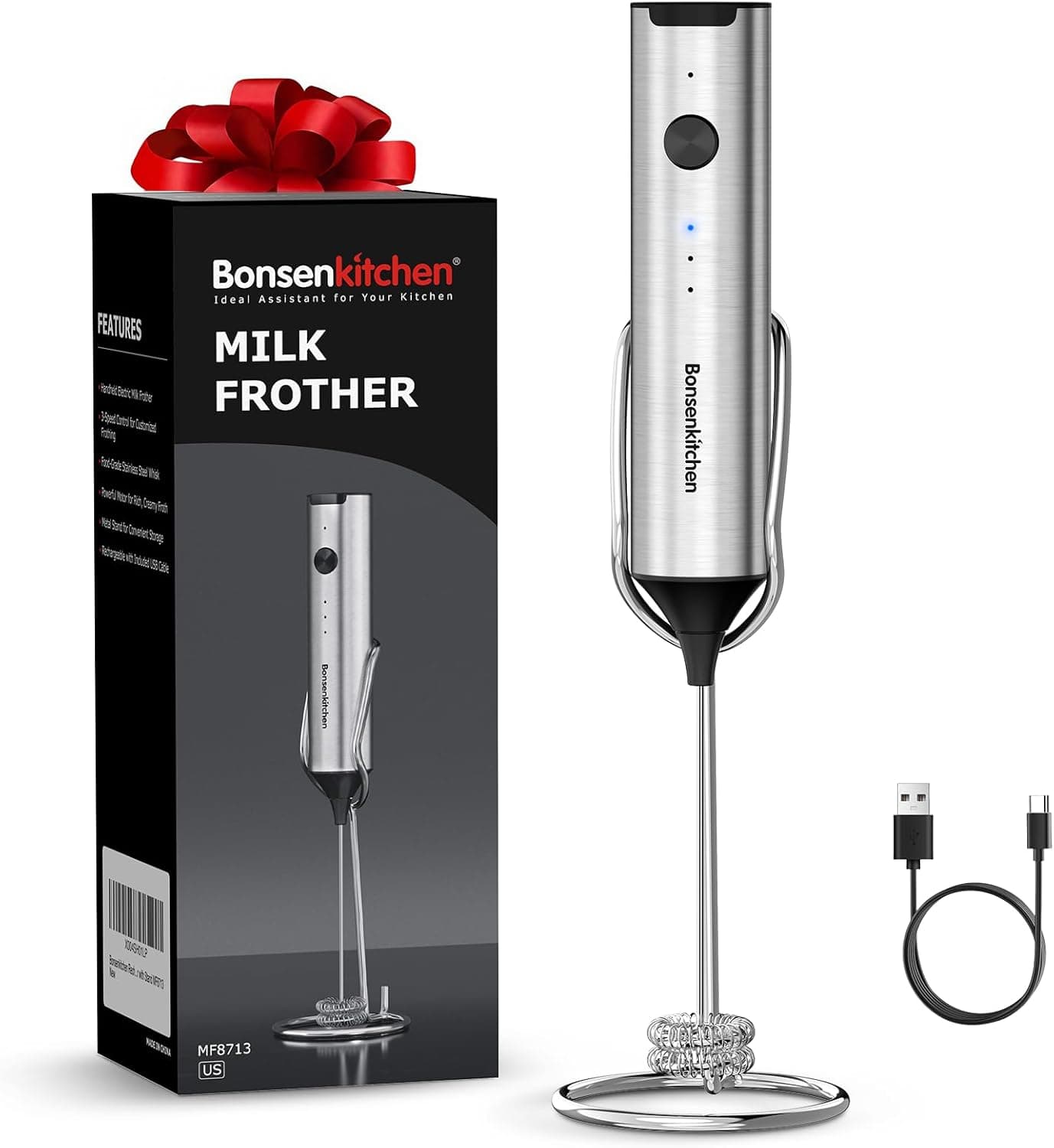 Bonsenkitchen Rechargeable Milk Frother with Stand, Handheld 3-Speed Coffee Frother, Dual Spring Whisk Electric Hand Frother Wand Drink Mixer for Matcha Lattes Cappuccino, Kitchen Gifts