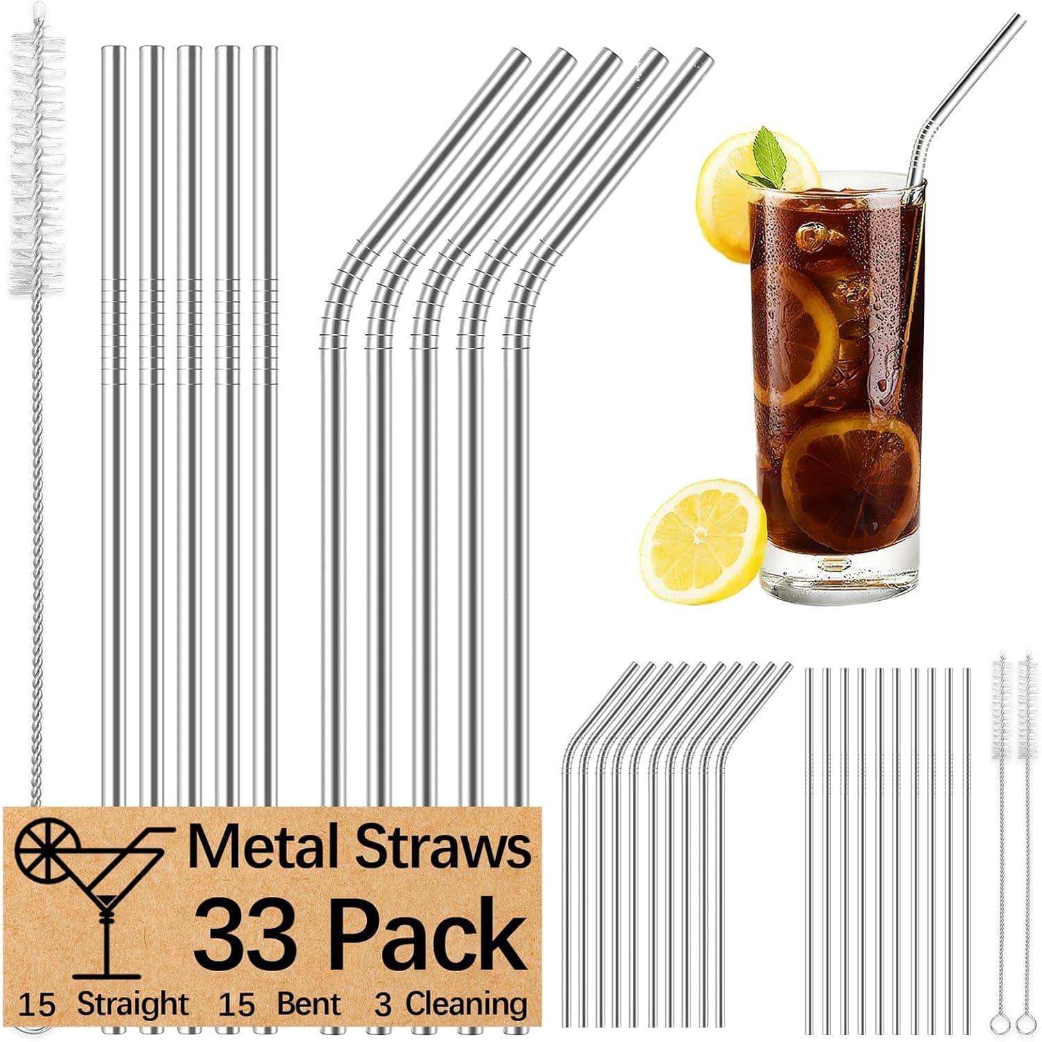 33 Pack of metal straws reusable,15 Straight +15 Bent 8.5 Inch Stainless Steel Straws, 3 Cleaning Brushes Included, Perfectly Compatible with 20oz Cup Tumblers