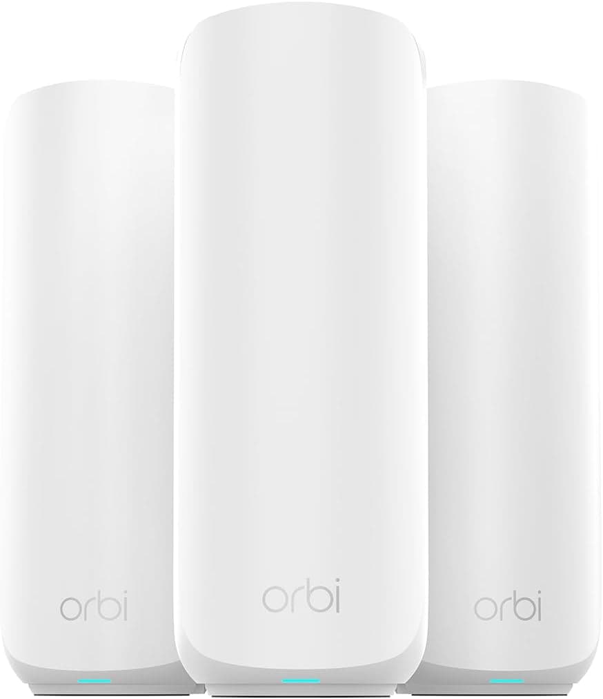 NETGEAR Orbi 360 Series Dual-Band WiFi 7 Mesh Network System for Home (RBE363) – Wireless Router + 2 Extenders, Security Features, 5 Gbps, Covers 6,000 sq.ft., 70 Devices, 2.5GB Internet Port, BE5000
