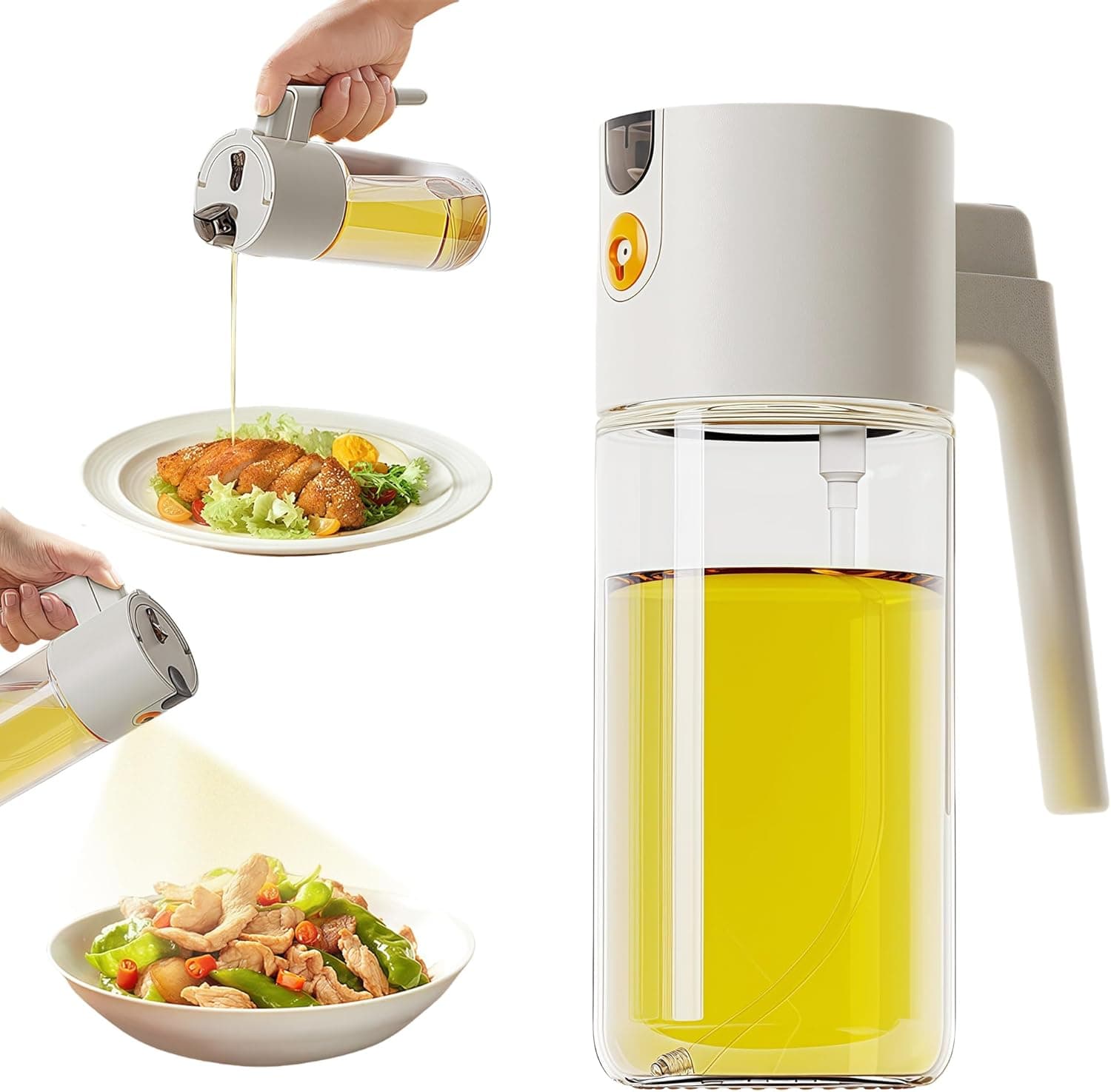 Olive Oil Spray Bottle Dispenser，2-in-1 Glass Material Kitchen Cooking Oil Sprayer，20.3 oz/600 ml Cooking Spray, Glass Spray Bottle with Tipper, Food Grade Spray for Kitchen, Salad, Frying, Barbecue