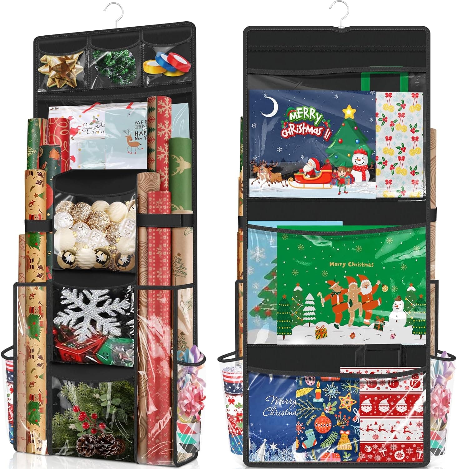 Fabspace Hanging Wrapping Paper Storage, Double-Sided Gift Wrapping Organizer, Christmas Decoration Storage Container with Rotatable Hook, Large Capacity for Holiday Decor, Ribbons, Ornaments (Black)