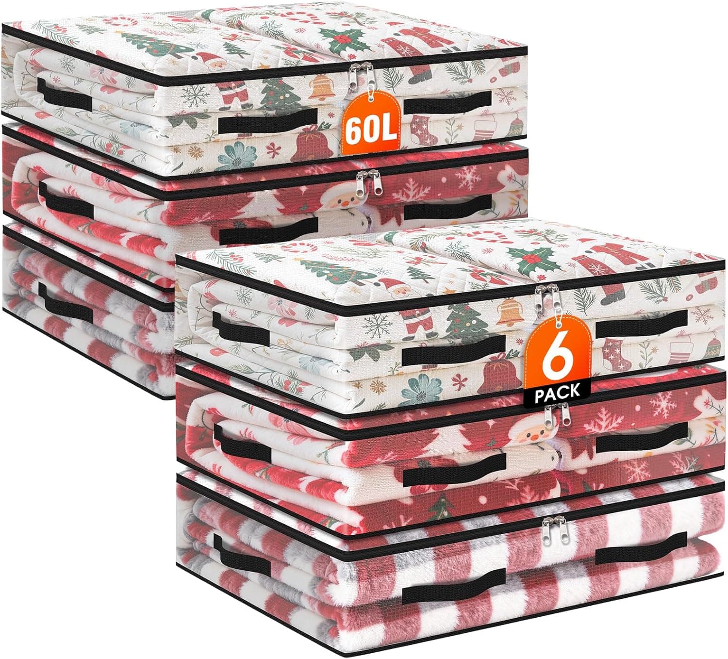 6 Pack Under Bed Storage Bags, 60L Foldable Clear Storage Containers with Handles, Dual Zippers for Comforter, Clothes, Bedding, Linen Sheets, Sweaters, Blanket Storage