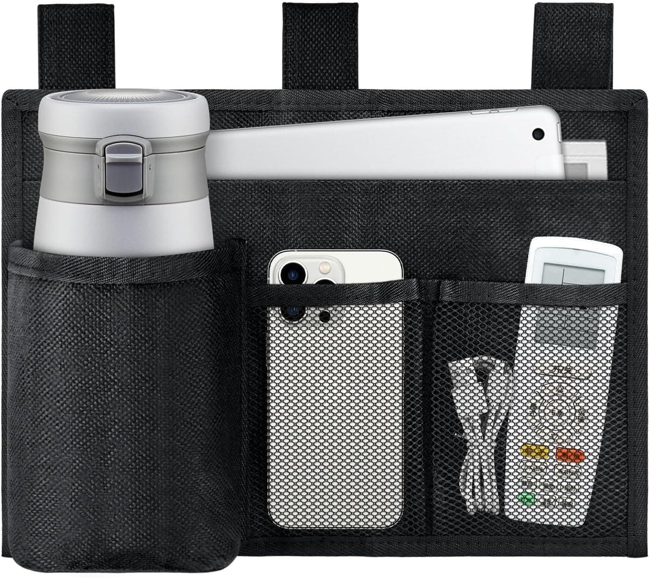 Hanging Bedside Caddy, 4 Pockets Bunk Bed Caddy, Bed Pocket for University Dormitories, Hospitals, Chairs, Crib Guardrails for Mobile Phone, Tablet Computer, Remote Control, Water Cup