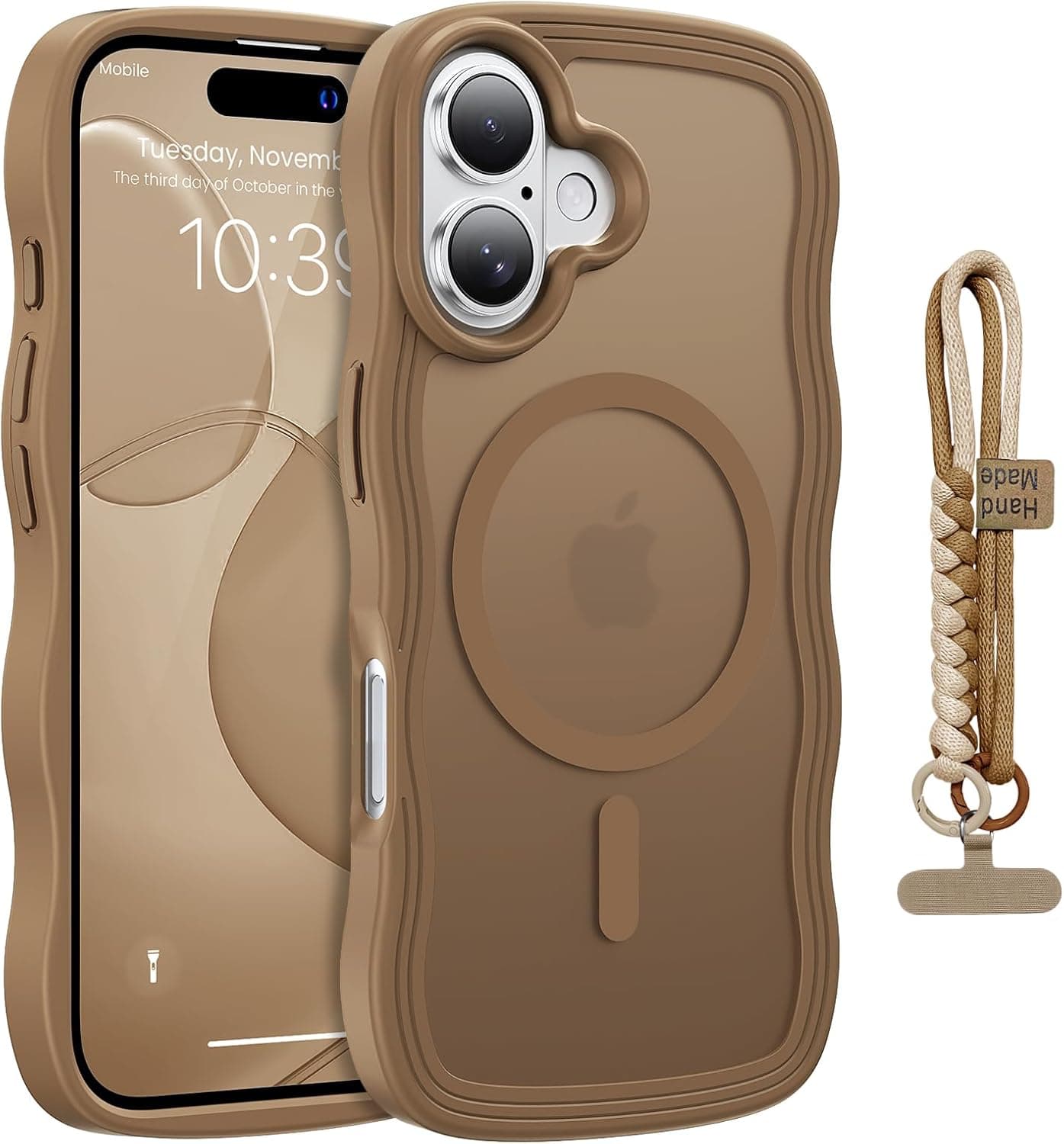for iPhone 17 Case Cute Wavy Matte Brown |Compatible with MagSafe,Color-Matched Lanyard,Military Grade Shockproof,Slim & Durable,Travel-Ready & Stylish