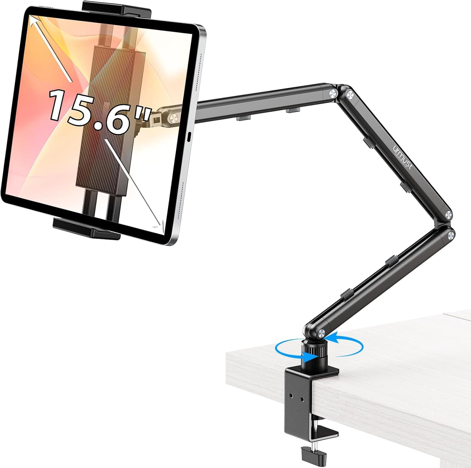 Urmust Tablet Stand for Desk, Adjustable iPad Holder Clamp Mount, 360° Rotation, Sturdy Aluminum Tablet Arm Mount for 4.7"-15.6" iPad Pro/Air/Mini, iPhone, Galaxy Tab, for Kitchen, Work, Video Call