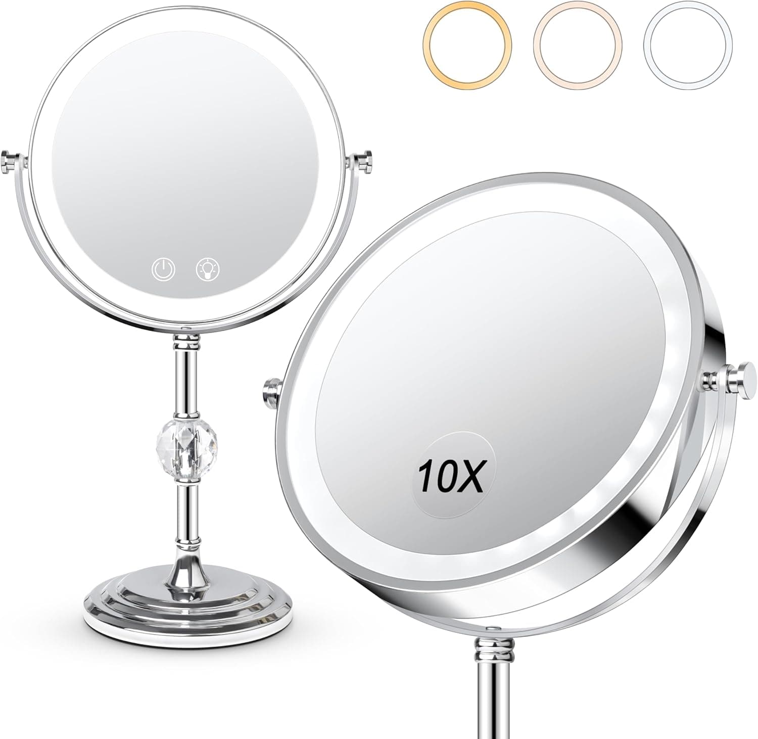Lighted Makeup Mirror,4000mAh Rechargeable Double Sided Magnifying Mirror 1x/10x with 3 Colors Stepless Dimming, 360° Rotation Vanity Mirror with Lights, Memory Function,Women Gift