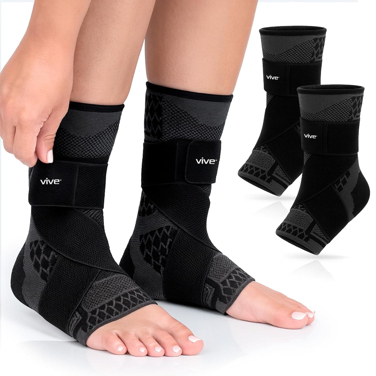 Vive Ankle Compression Sleeves With Straps (1 Pair) - Brace for Women and Men - Support Wrap for Achilles Tendonitis, Sprains, Plantar Fasciitis, Injured Foot, Swelling, Pain Relief, Sports, Running (Large)