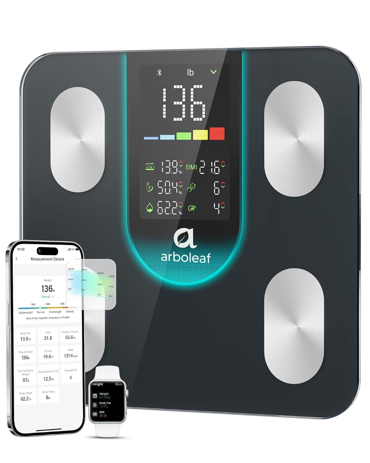 arboleaf Smart Scale for Body Weight and Fat, High-Precision Digital Bathroom Scale with 4-Electrode BIA, 7-in-1 Display for BMI Body Fat Muscle Mass, 14 Metrics in App, Trend Tracking, Max 400lb