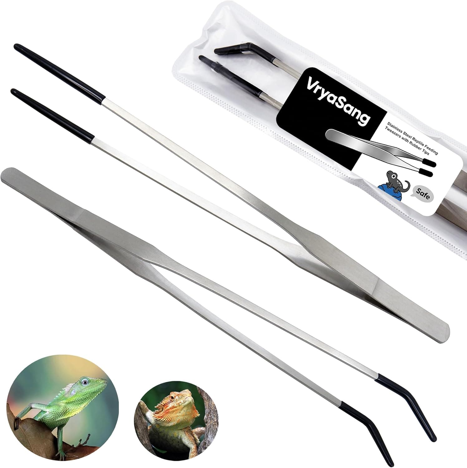 VraySang 2 PCS 10.6" Stainless Steel Reptile Feeding Tongs with Rubber Tips, Straight & Curved Tweezers for Bearded Dragon Tank Accessories, Lizard Snake Enclosure, Aquarium Crafts- Terrarium Supplies