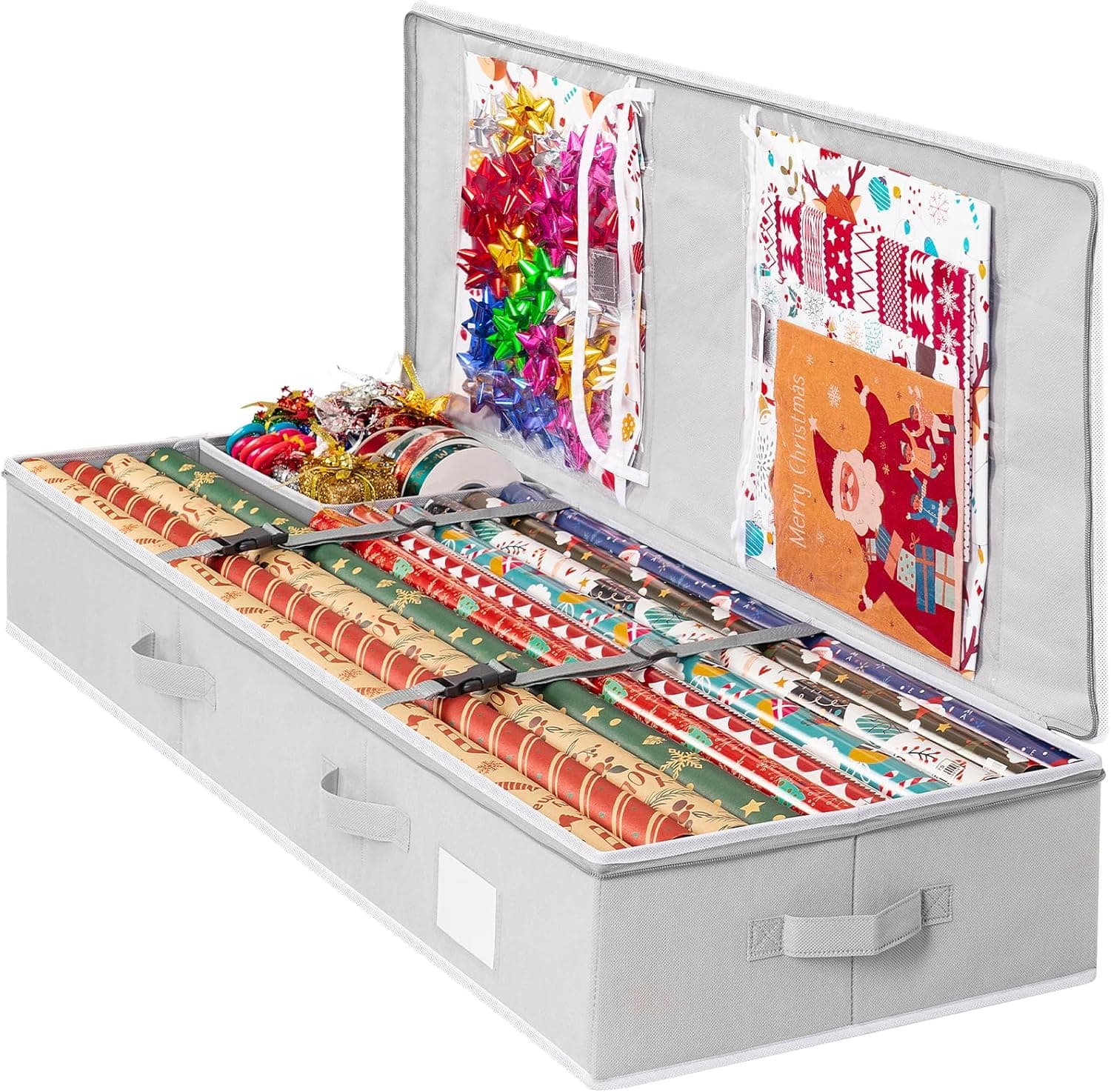 Criusia Christmas Gift Wrapping Paper Organizer Storage, Durable Underbed Storage Container Fits 24 Rolls, with Removable Dividers and Pockets for Ribbon, Ornaments, Holiday Accessories, Grey