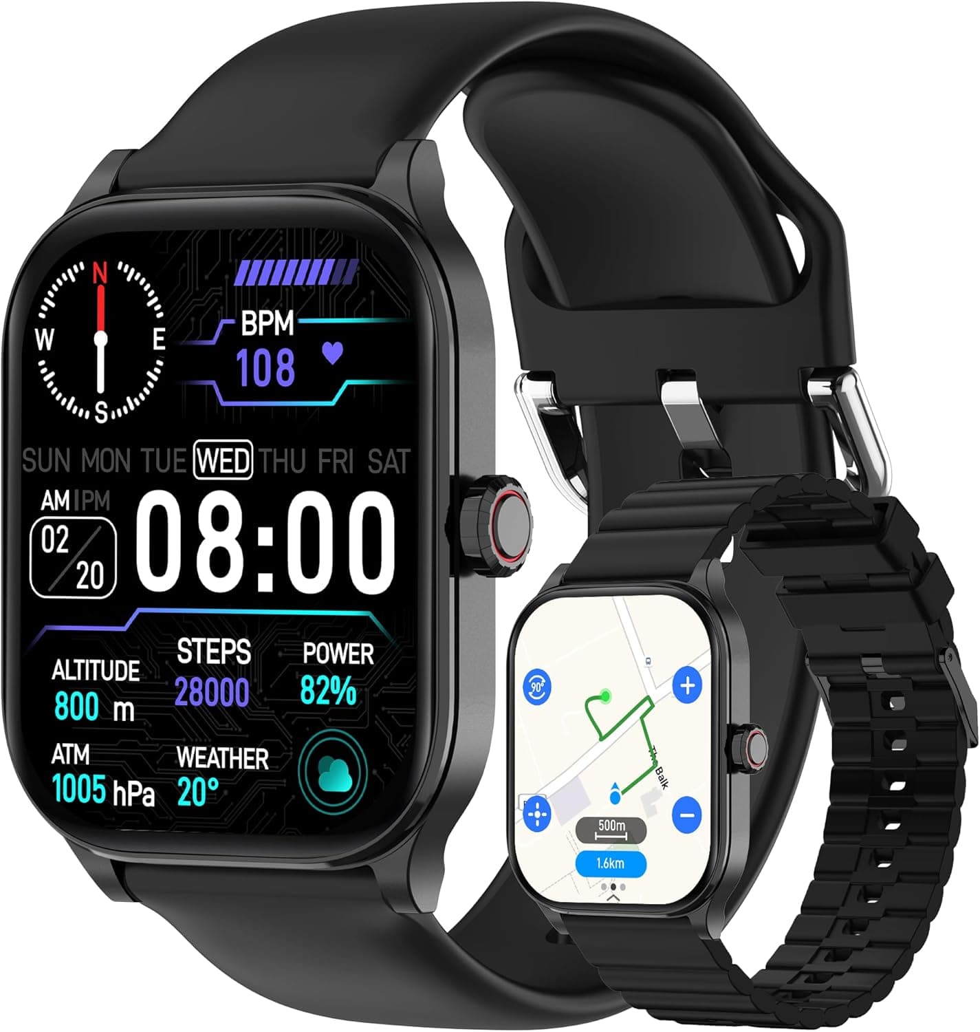 Smart Watch with AI (Built-in GPS + Map), 1.96" HD Fitness Tracker for Men Women, 100+ Sports Modes, Call/Reply/Notification, 24/7 Heart Rate & Sleep Monitor, Waterproof Smartwatch for Android iPhone