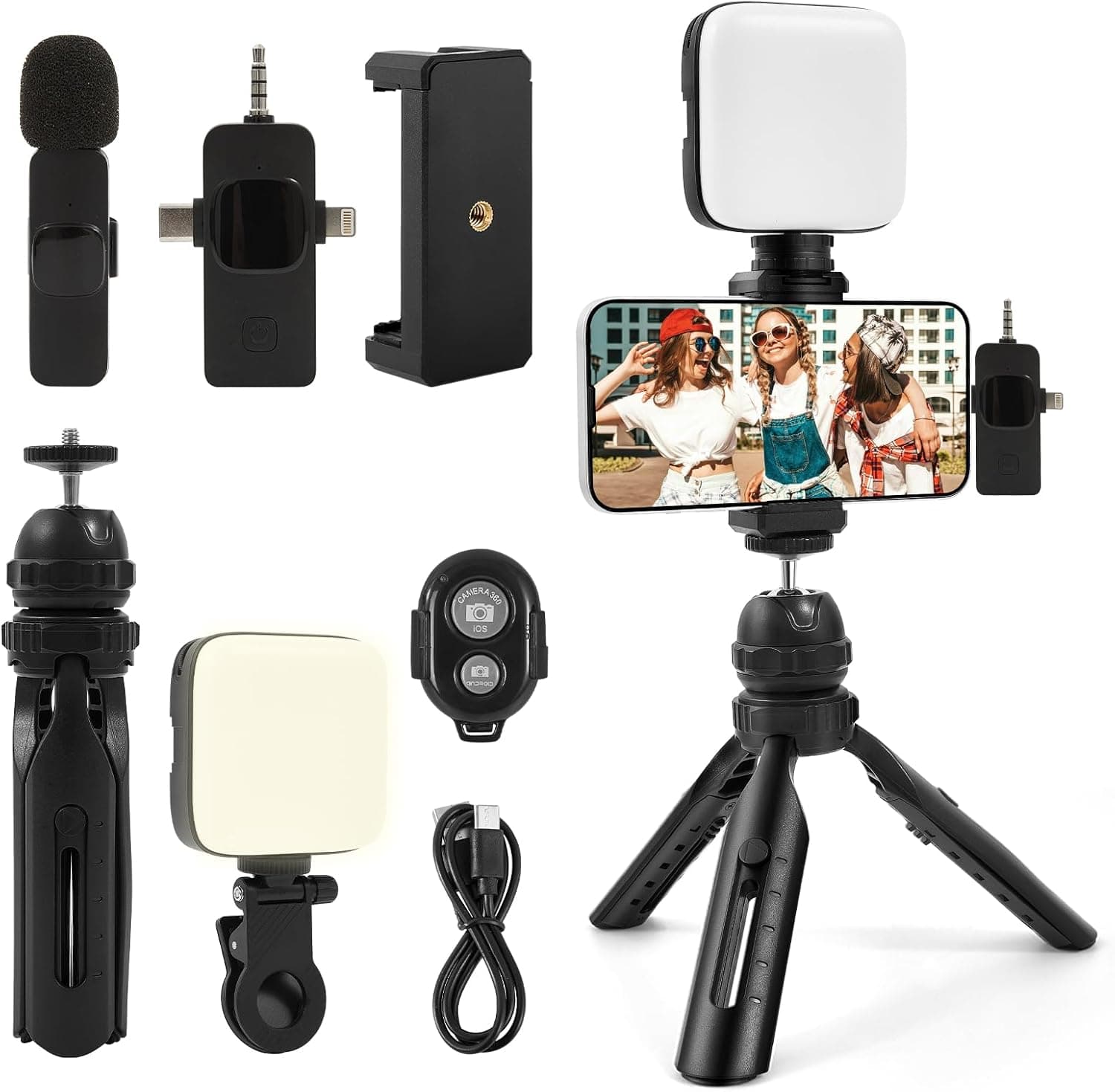 Vlogging Kit for iPhone, Android with Tripod, Soft Light, YouTube Starter kit Content Creator Equipment with Wireless Lavalier Microphone for Live Stream, Vlogging, YouTube, TikTok