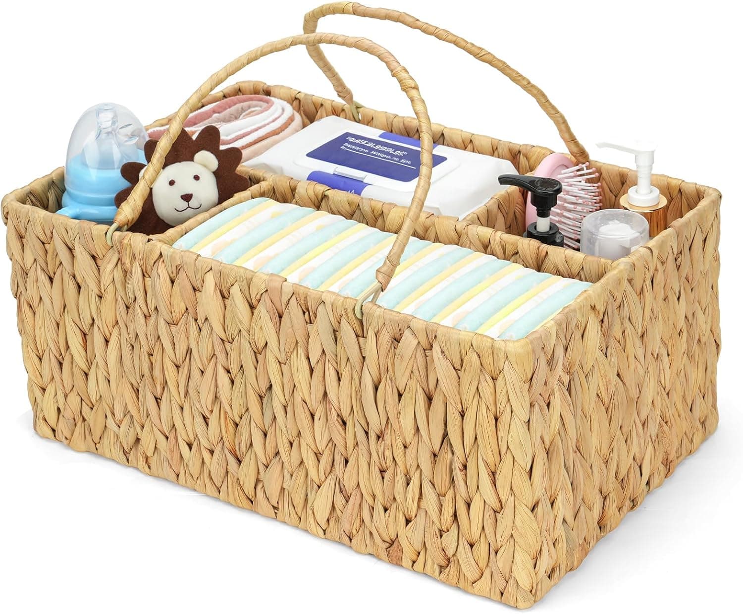 Large Baby Diaper Caddy Organizer, Handwoven Water Hyacinth Storage Basket, Portable Wicker Car Diaper Storage Bin for Nursery and Travel