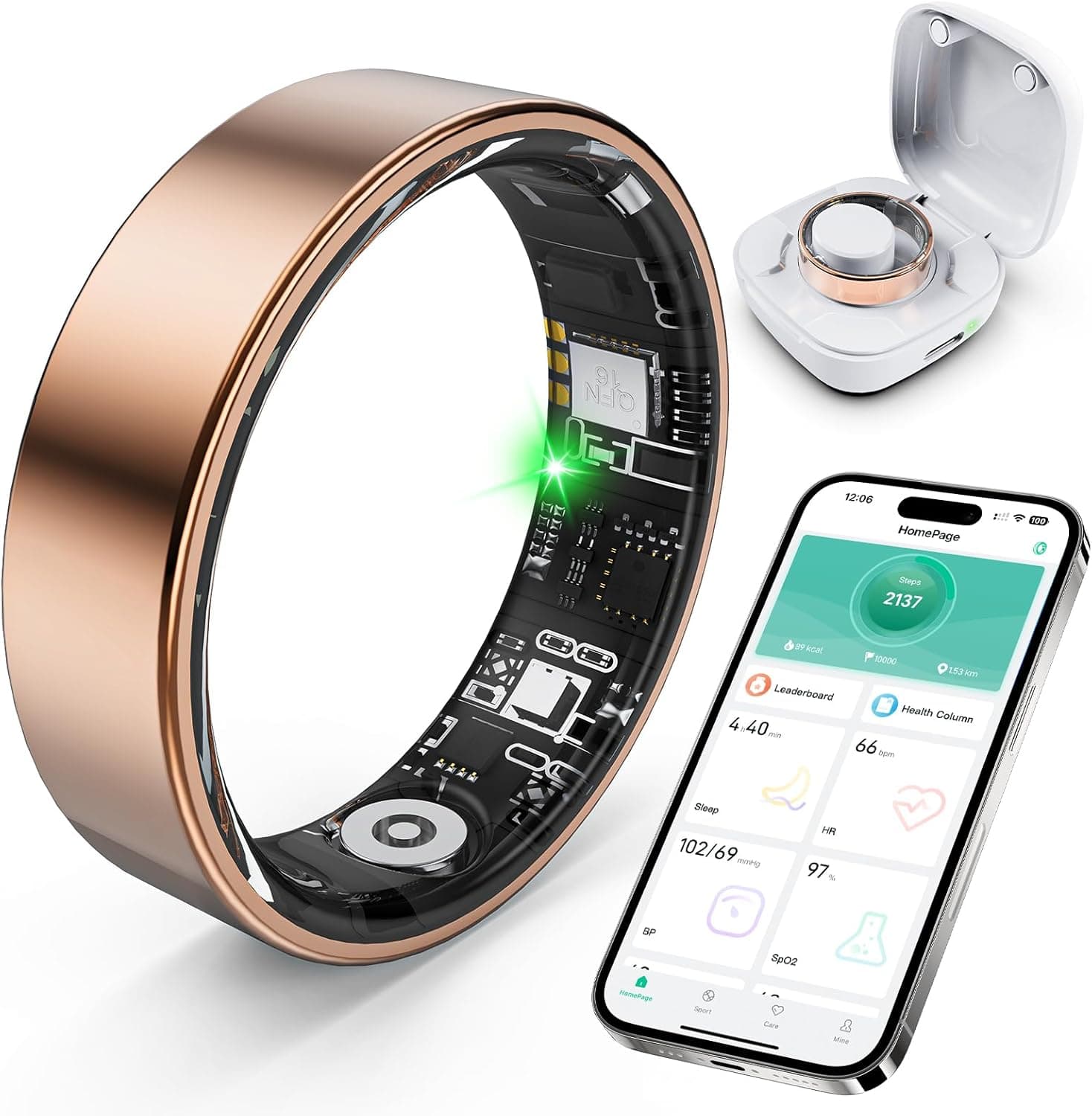 Smart Ring with Sleep Monitoring, Step Counting, Heart Rate, Blood Oxygen for iPhone and Android, No Subscription Fee, IP68 Waterproof Health Tracker (Rose Gold, 7)