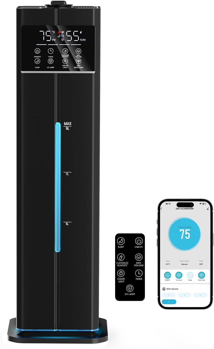 9L/2.4Gal Smart Cool Mist Humidifier, Top Fill Quiet Humidifier Large Room, Covers 550ft², App & Remote Control, 60H Runtime, 7 Colors Light, 4 Mist Modes Humidifiers for Bedroom, Office, Black