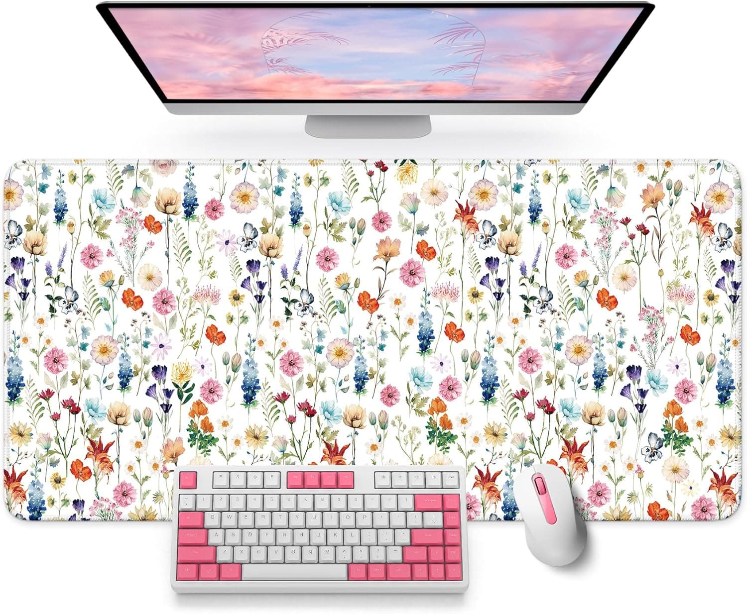 Large Mouse Pad for Desktop, Cute Desk Mat Pad Protector for Work & Gaming, Aesthetic Pretty Anti-Slip Laptop Blotter Cover for Office School Home Supplies, Wildflowers, 31.5" x 11.8"
