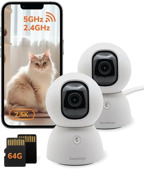 Sensforge 2.5K Indoor Pan-Tilt Dome Security Camera (2-Pack), AI Human & Pet Detection, 360° Coverage, Two-Way Audio, Dual-Band Wi-Fi (2.4G/5G), 64GB SD Card Included, No Monthly Fees