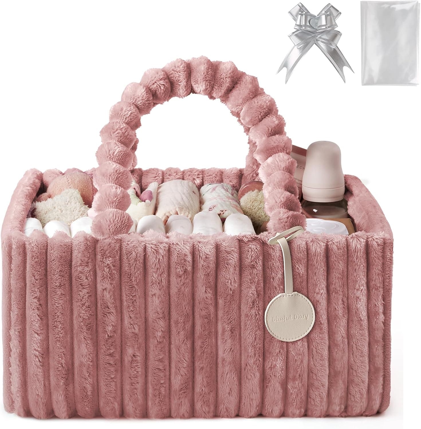 Blissful Diary Flannel Diaper Caddy Organizer, included Gift Packaging, Cozy Nursery Storage Basket, Gift for Baby Shower, Newborn Essentials, Plush Pink