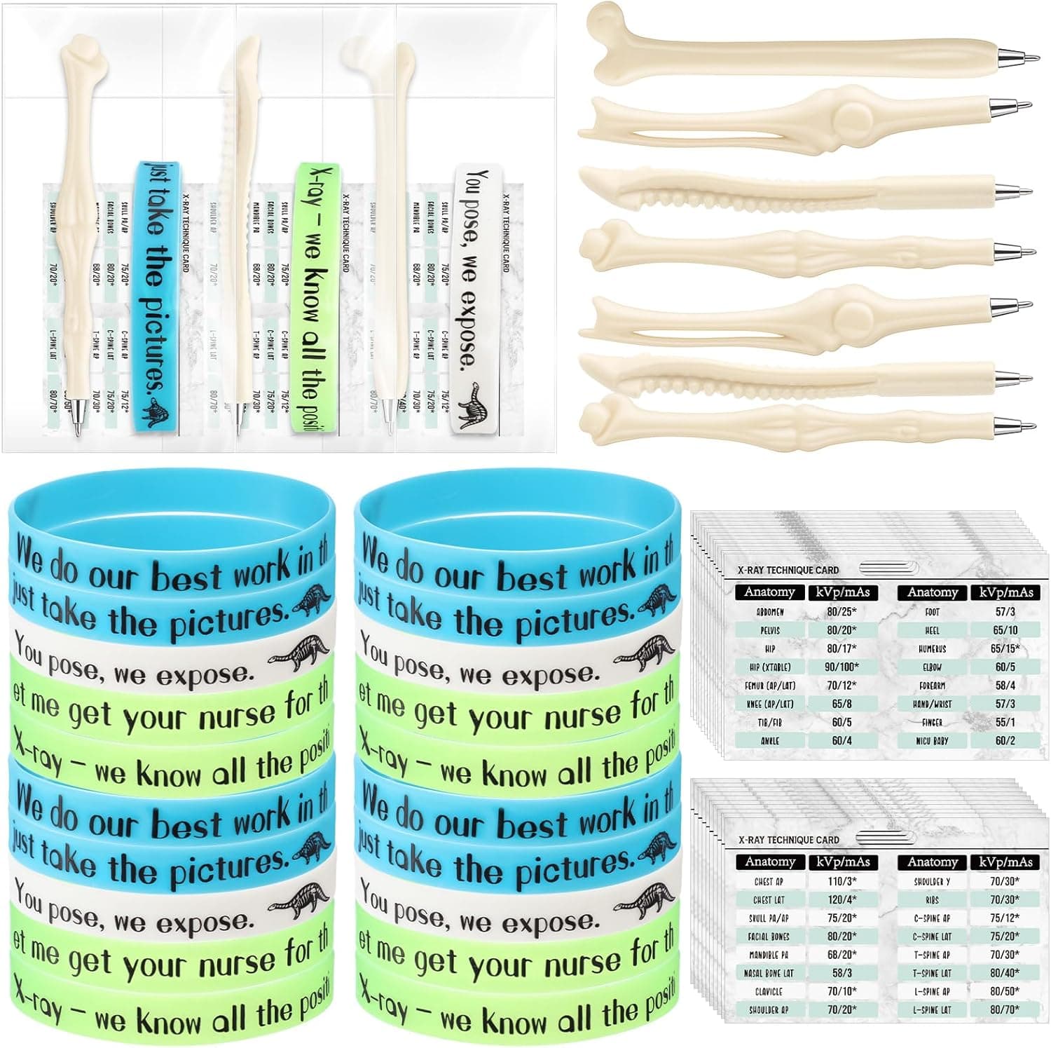 24 Set Christmas X-Ray Tech Gifts Bulk X-Ray Bracelet and Bone Ballpoint Pen with Card Christmas Rad Tech Gifts for Radiologic Technologist Appreciation Technician Radiologist Student Essentials