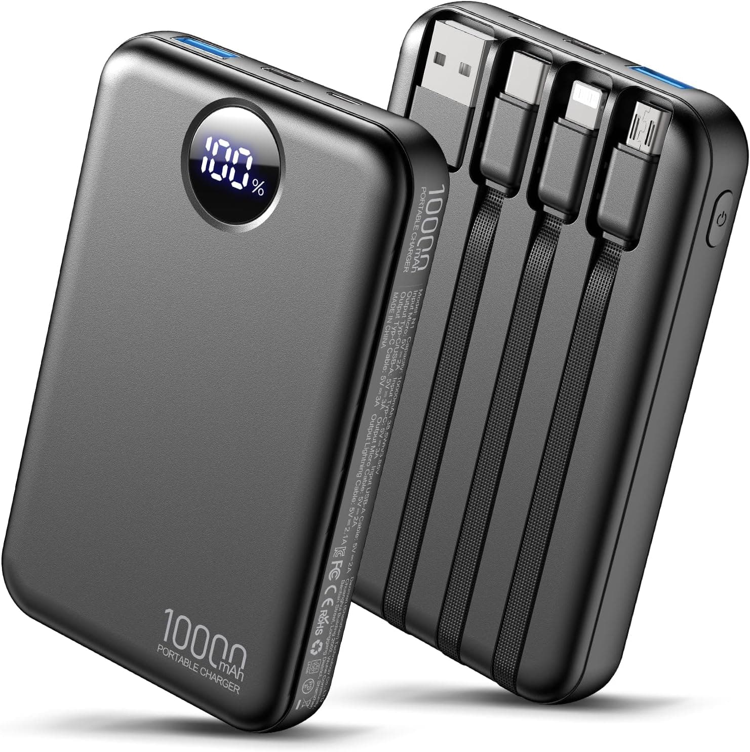 Portable Charger 10000mAh Power Bank with 4 Built-in Cables,LED Display Compact and Battery Pack with Multiple USB Ports All-in-One Travel Charger for iPhone,Android and Other Devices-Black