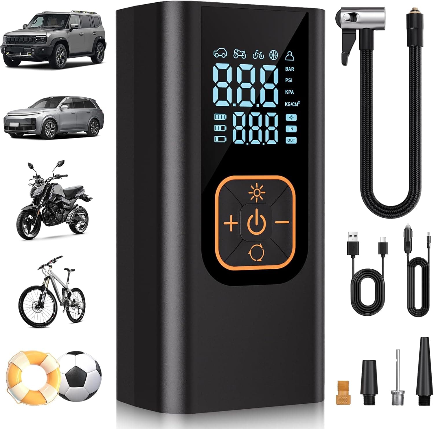 180PSI Tire Inflator Portable Air Compressor, 6X Faster Air Pump for Car Tires with Digital Pressure Gauge, 12V DC Adapter, LED Light, Portable Tire Inflator for Car, Motorcycle, Bike, Balls