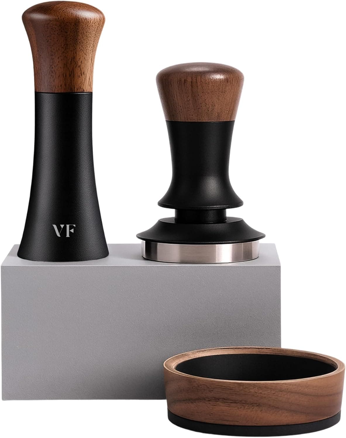 Espresso Accessories Kit for 54mm Portafilter – Premium Matching Barista Tools Set with Durable Aluminum and Real Walnut Wood – Espresso Tamper, WDT Tool and Magnetic Dosing Funnel – Black & Walnut